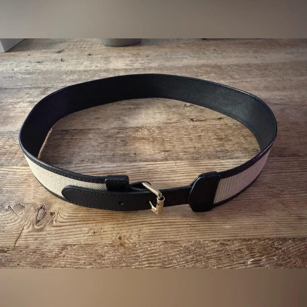 J. Crew Womens Black Leather Natural Twill Insert Corset Waist Belt Size Large - Picture 1 of 10